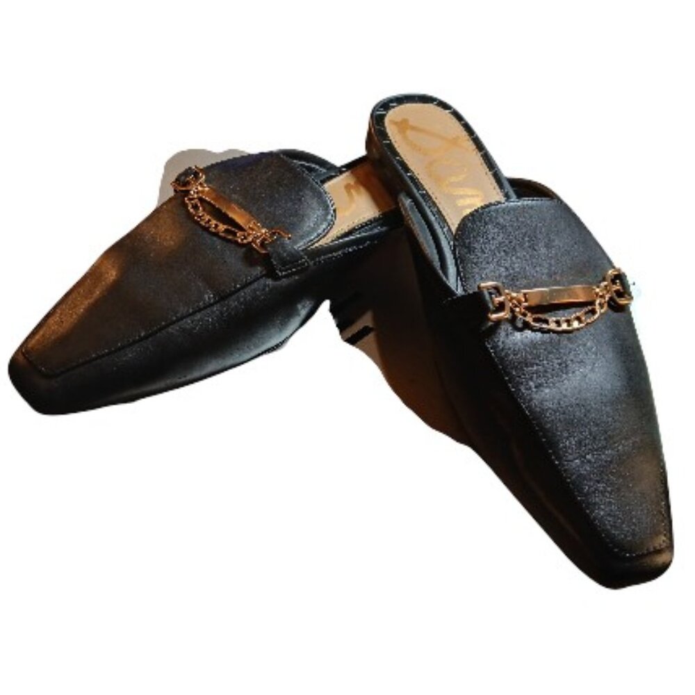SAM EDELMAN Black Leather Mules Gold Bar & Chain 8M- like new. - Picture 3 of 8